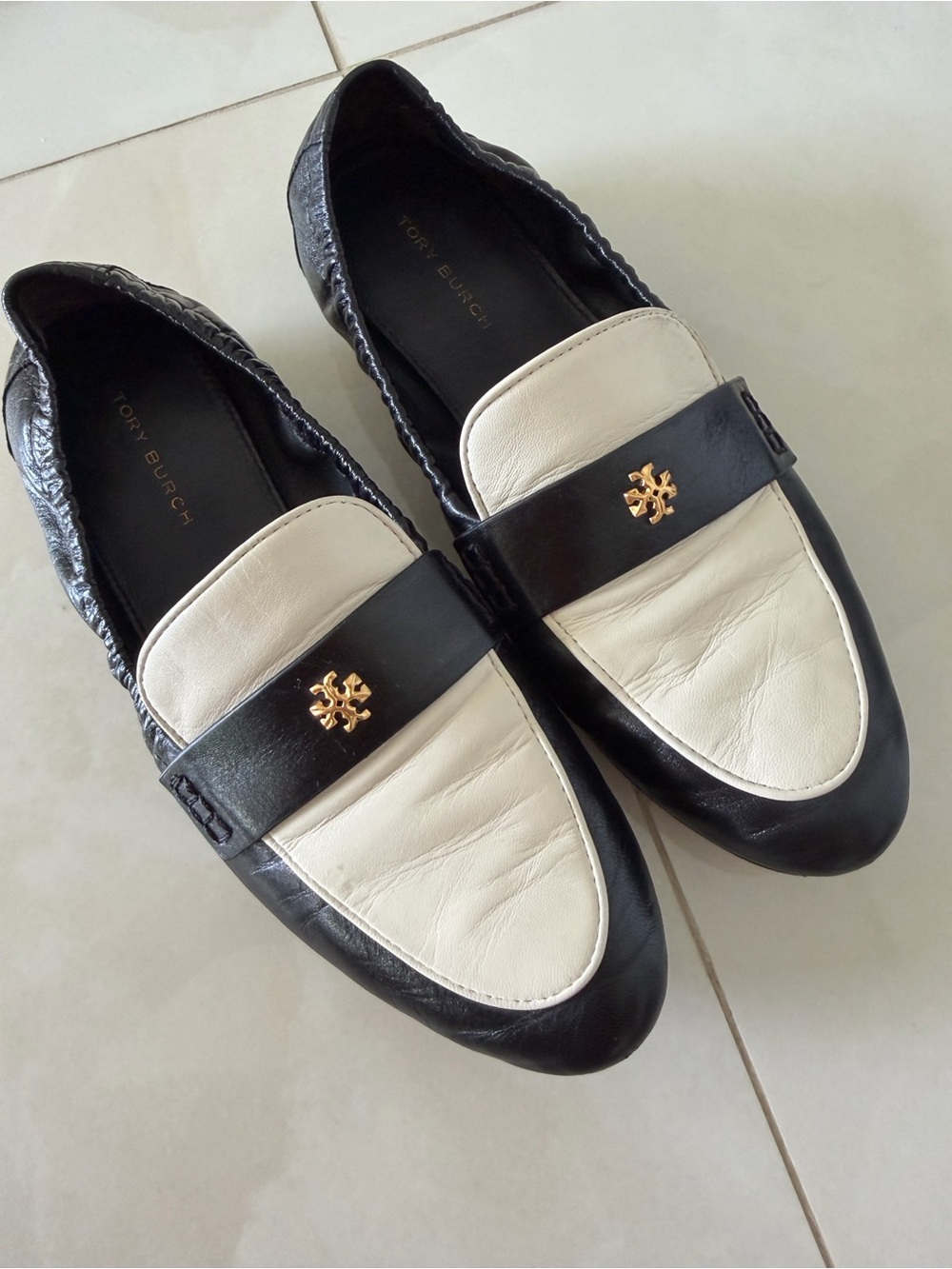 Tory Burch Black & Cream Leather Penny Loafers with Gold Logo